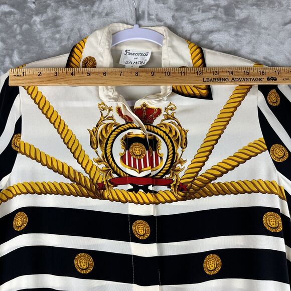 Vtg Francesca of Damon Silk Blouse Women's 4 White Black Stripe Coin Rope (0952) - Picture 9 of 11